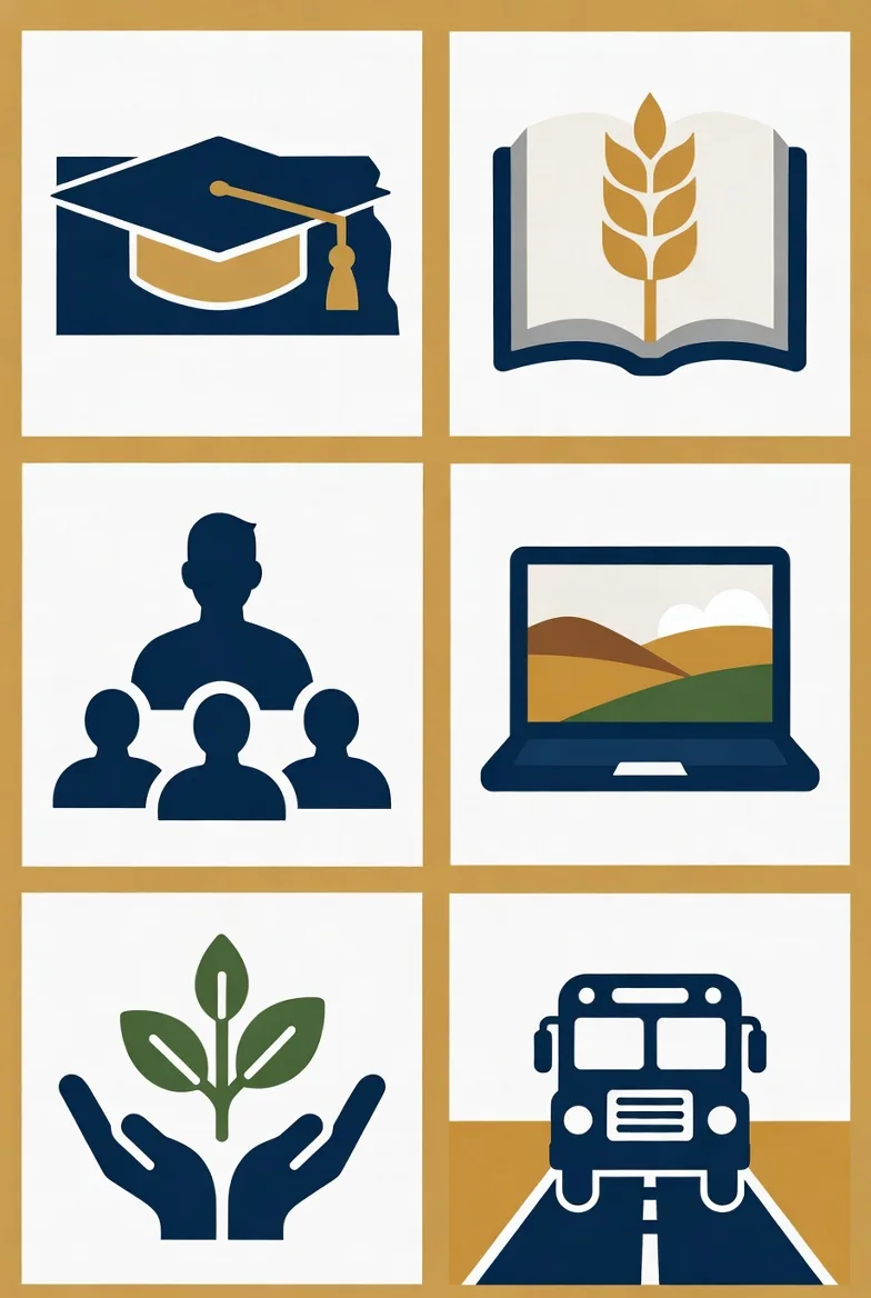 North Dakota education icons — districts, graduation, school choice, special education