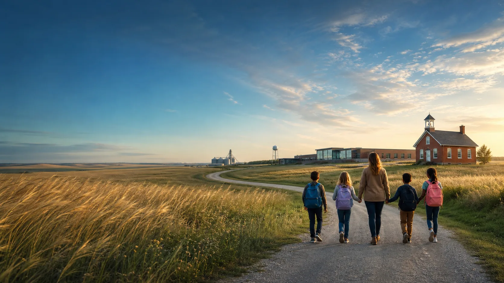 Illustration of a teacher and children on a prairie road leading to North Dakota schools